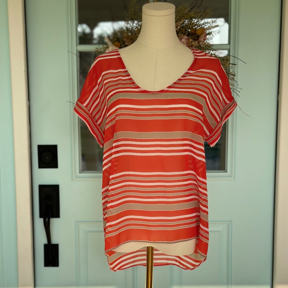 Sheer Orange and Tan Stripe Shirt Size Small
